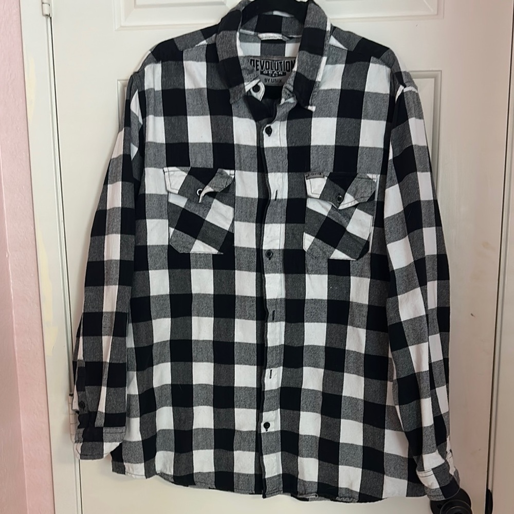 Revolution Gear Black and White Checkered Button-Up flannel Shirt